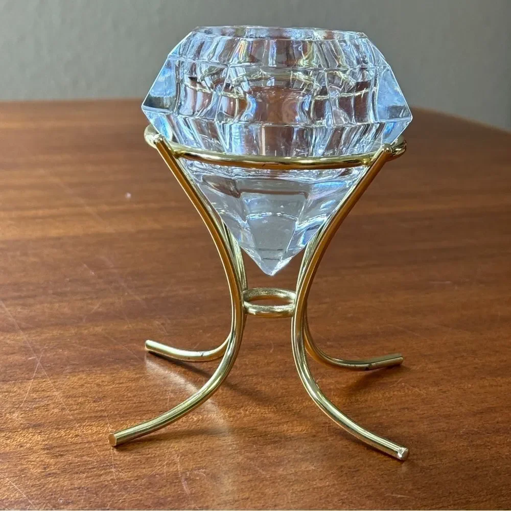 PARTYLITE Diamond Solitaire Shaped 24% Lead Crystal Candle Holder Gold Stand - Picture 10 of 10